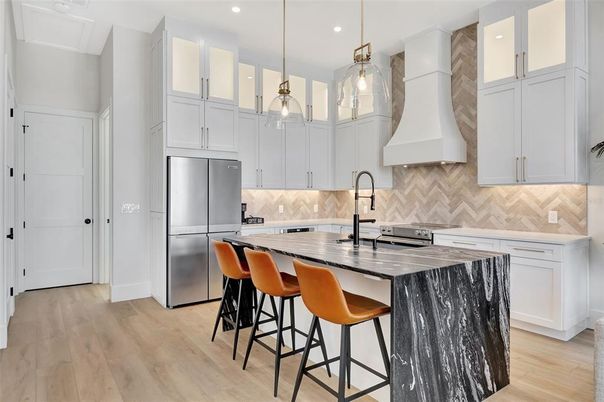 Interior, Kitchen, Pendant Lights, Recessed Lighting, Stainless Steel Appliances, Wood Texture Flooring