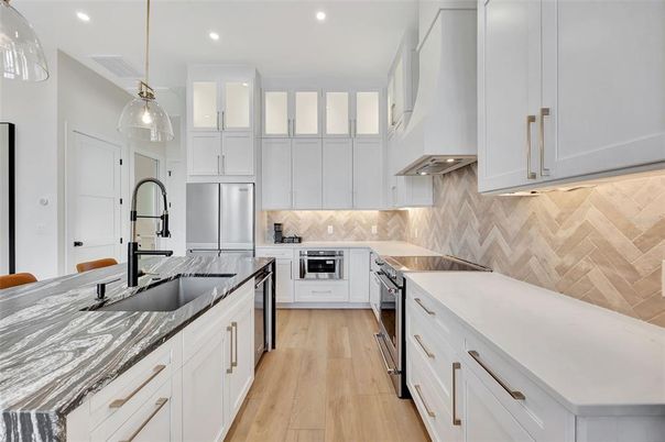 Interior, Kitchen, Pendant Lights, Recessed Lighting, Stainless Steel Appliances, Wood Texture Flooring