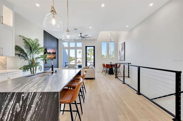 Dining room, Interior, Pendant Lights, Recessed Lighting, Wood Texture Flooring
