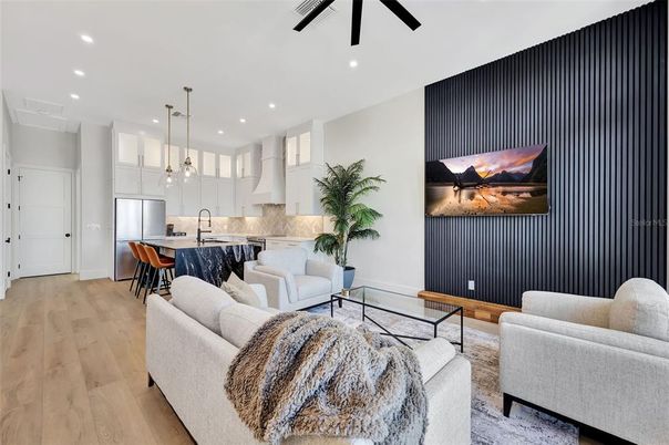 Dining room, Interior, Kitchen, Living room, Pendant Lights, Recessed Lighting, Wood Texture Flooring