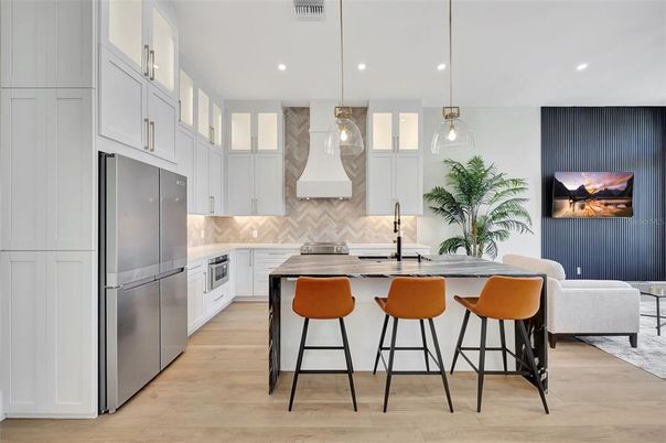 Interior, Kitchen, Pendant Lights, Recessed Lighting, Stainless Steel Appliances, Wood Texture Flooring