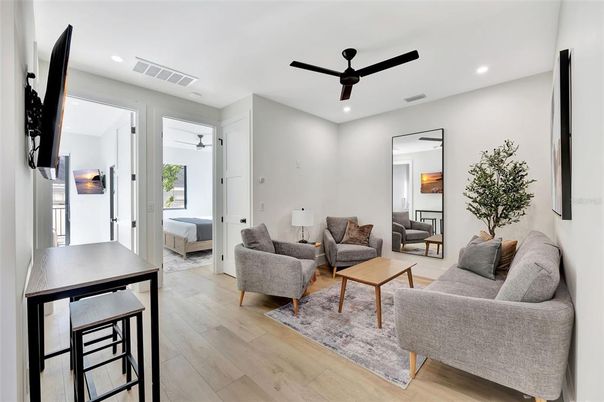 Dining room, Interior, Living room, Recessed Lighting, Wood Texture Flooring