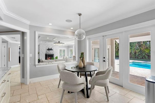 Dining room, Fireplace, Interior, Living room, Pendant Lights, Recessed Lighting