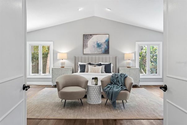 Bedroom, Interior, Recessed Lighting, Wood Texture Flooring