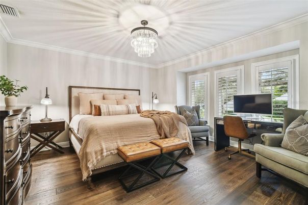 Bedroom, Chandelier, Home Office, Interior, Wood Texture Flooring