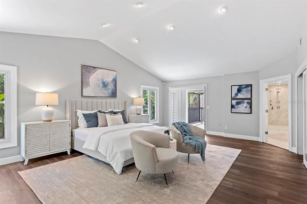 Bedroom, Interior, Recessed Lighting, Wood Texture Flooring