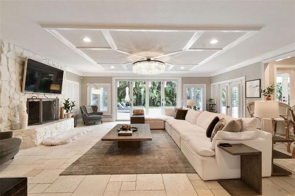 Chandelier, Fireplace, Interior, Living room, Recessed Lighting