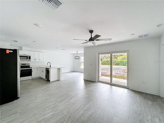 Empty room, Interior, Kitchen, Recessed Lighting, Wood Texture Flooring