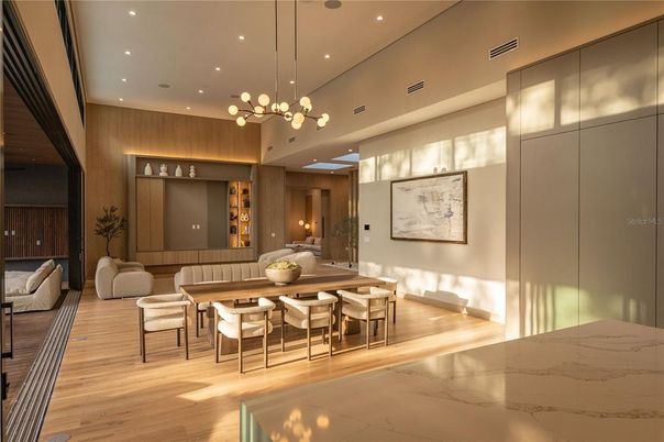 Dining room, Interior, Living room, Pendant Lights, Recessed Lighting, Wood Texture Flooring