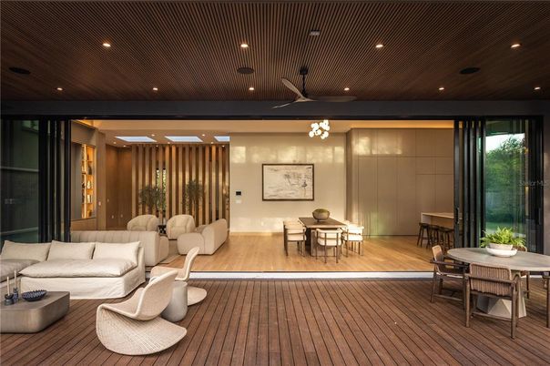 Dining room, Interior, Living room, Pendant Lights, Recessed Lighting, Wooden Ceilings, Wood Texture Flooring