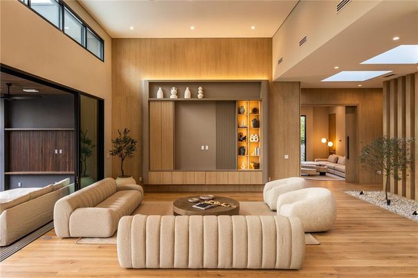 Interior, Living room, Recessed Lighting, Wood Texture Flooring, Wooden Walls