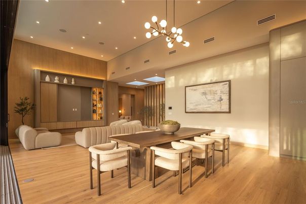 Dining room, Interior, Pendant Lights, Recessed Lighting, Wood Texture Flooring