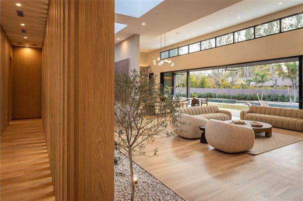 Interior, Living room, Pendant Lights, Recessed Lighting, Wood Texture Flooring, Wooden Walls