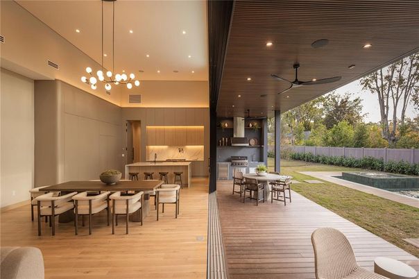Dining room, Exterior, Interior, Pendant Lights, Pool, Recessed Lighting, Wood Texture Flooring