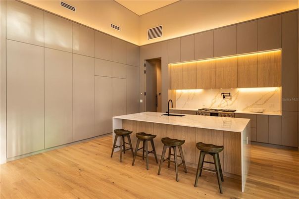 Interior, Kitchen, Marble Walls, Wood Texture Flooring