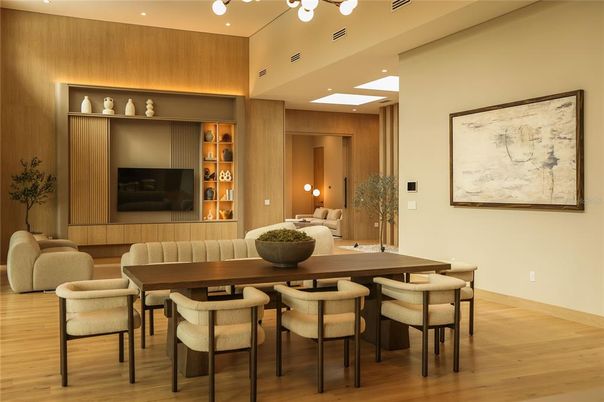 Dining room, Interior, Recessed Lighting, Wood Texture Flooring