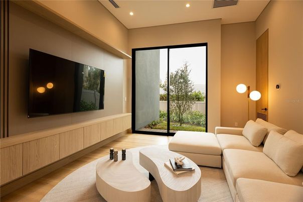 Interior, Living room, Recessed Lighting, Wood Texture Flooring