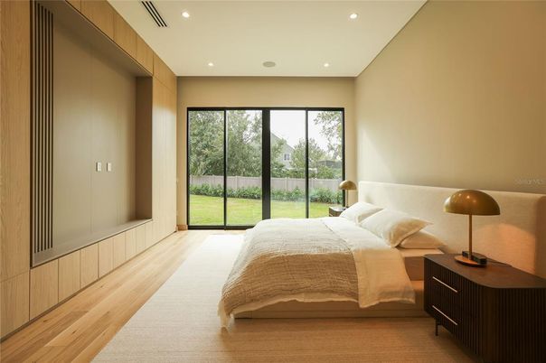 Bedroom, Interior, Recessed Lighting, Wood Texture Flooring