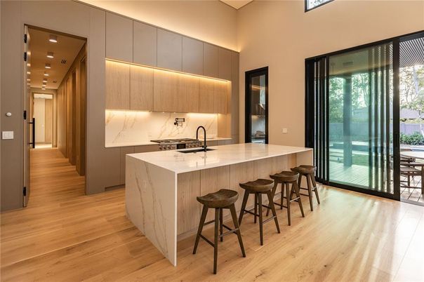 Interior, Kitchen, Marble Walls, Recessed Lighting, Wood Texture Flooring