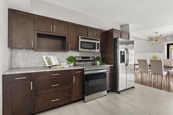 Interior, Kitchen, Pendant Lights, Recessed Lighting, Stainless Steel Appliances, Wood Texture Flooring