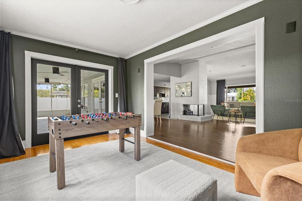 Fireplace, Game Room, Interior, Wood Texture Flooring