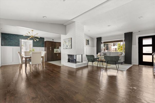 Dining room, Fireplace, Interior, Pendant Lights, Recessed Lighting, Stone Walls, Wood Texture Flooring