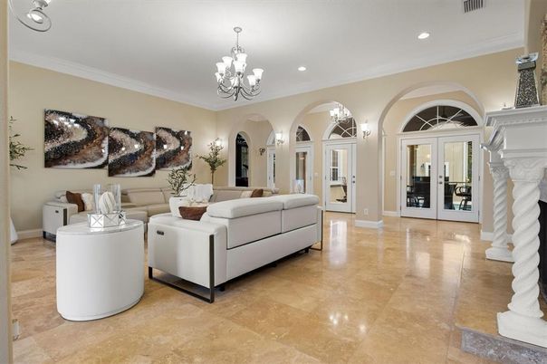 Chandelier, Fireplace, Interior, Living room, Recessed Lighting