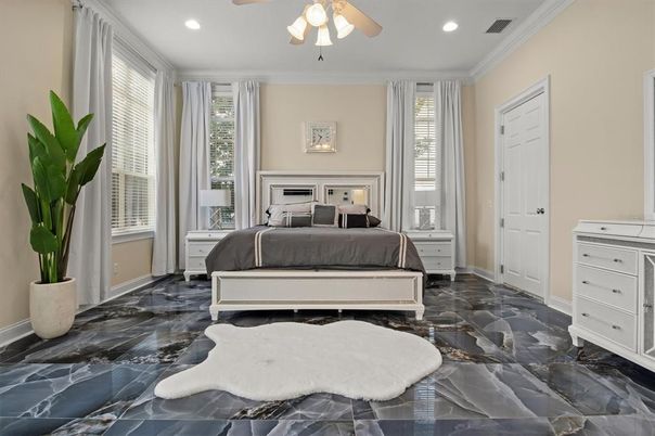 Bedroom, Interior, Marble, Recessed Lighting