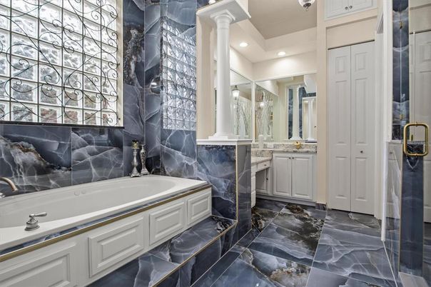 Bathroom, Dual Sink Vanities, Interior, Marble, Recessed Lighting
