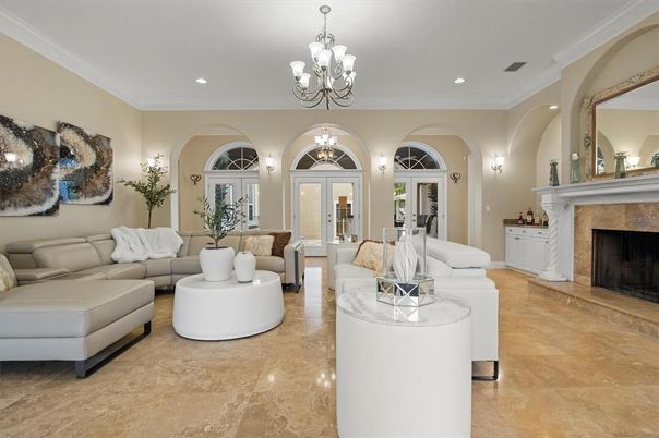 Chandelier, Fireplace, Interior, Living room, Recessed Lighting