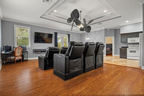 Home Theatre Room, Interior, Kitchen, Living room, Recessed Lighting, Theatre Room, Wood Texture Flooring
