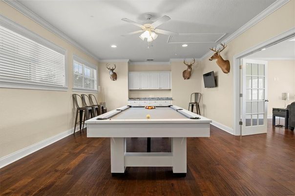 Billiard Table, Game Room, Interior, Recessed Lighting, Wood Texture Flooring