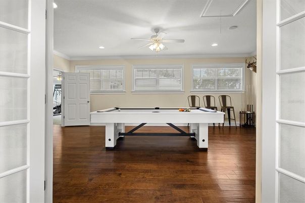 Billiard Table, Game Room, Interior, Recessed Lighting, Wood Texture Flooring