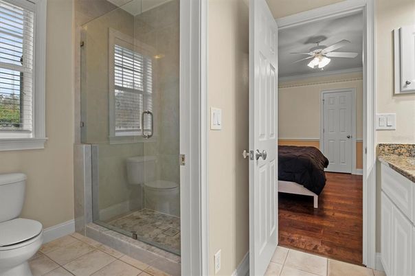 Bathroom, Bedroom, Glass Shower, Interior, Wood Texture Flooring
