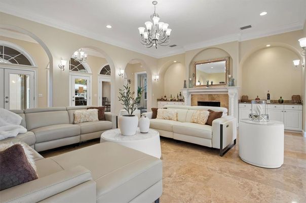 Chandelier, Fireplace, Interior, Living room, Recessed Lighting