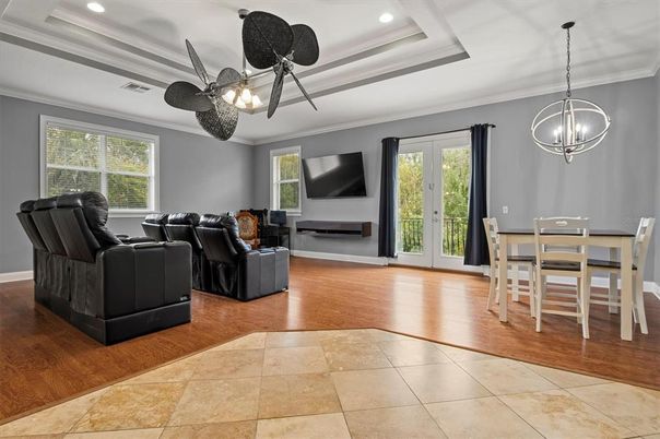 Dining room, Interior, Living room, Pendant Lights, Recessed Lighting, Wood Texture Flooring