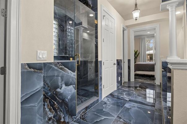 Bathroom, Bedroom, Glass Shower, Interior, Marble, Marble Walls, Pendant Lights, Recessed Lighting