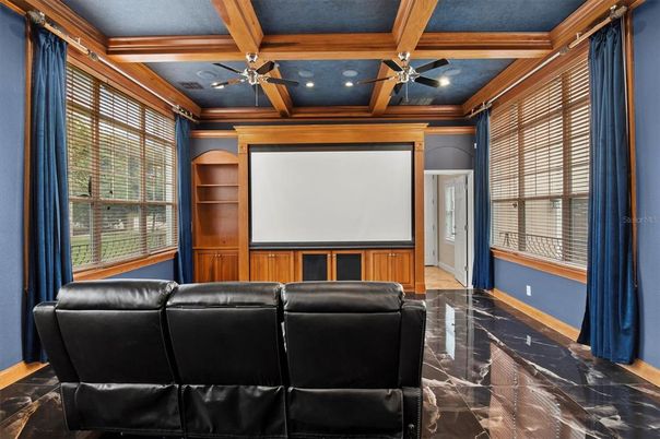 Home Theatre Room, Interior, Projection Screen, Recessed Lighting, Theatre Room, Wooden Beams
