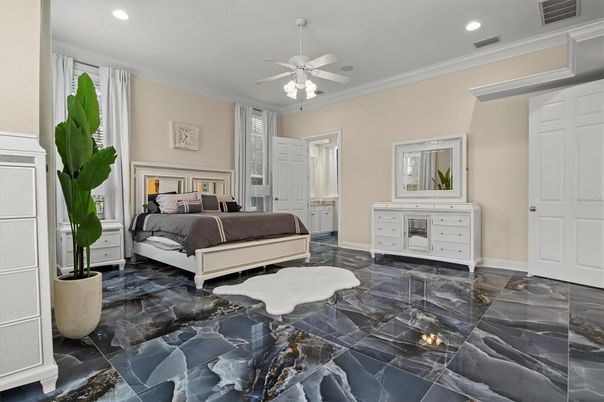 Bedroom, Interior, Marble, Recessed Lighting