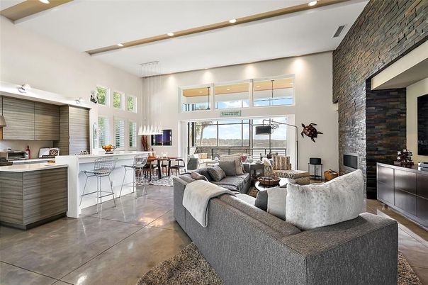 Dining room, Fireplace, Interior, Kitchen, Living room, Pendant Lights, Recessed Lighting, Stone Walls, Wooden Beams