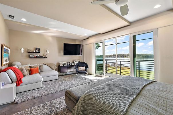 Bedroom, Interior, Living room, Recessed Lighting, Water, Wood Texture Flooring