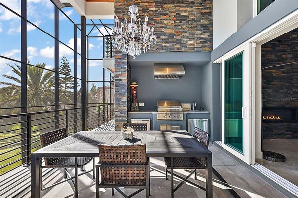 Chandelier, Dining room, Fireplace, Interior, Sun Room