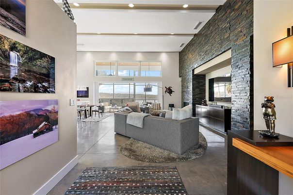 Fireplace, Interior, Living room, Recessed Lighting, Stone Walls