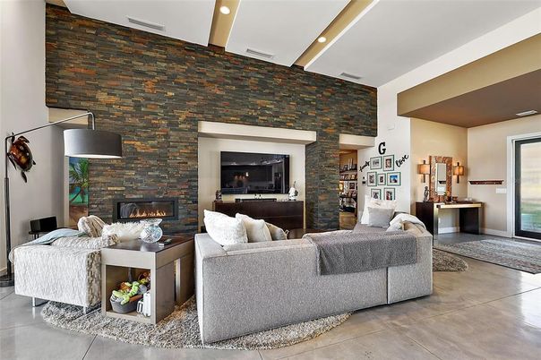 Fireplace, Interior, Living room, Recessed Lighting, Stone Walls