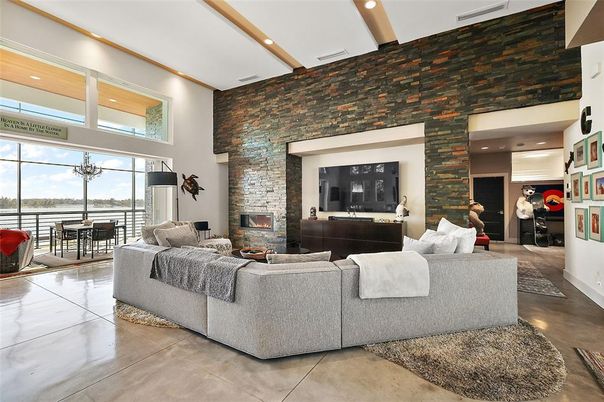 Dining room, Fireplace, Interior, Living room, Recessed Lighting, Stone Walls, Wooden Beams
