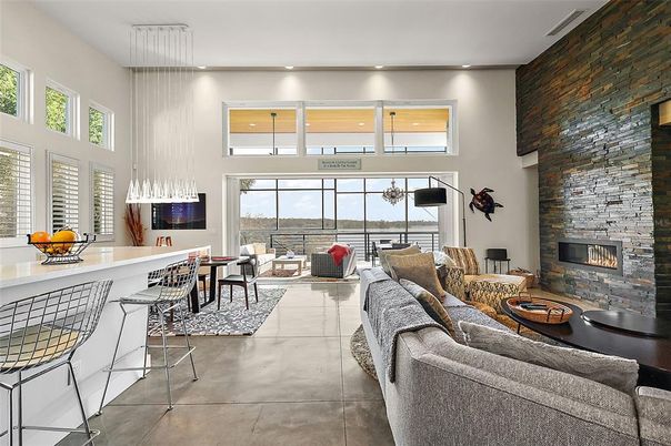 Dining room, Fireplace, Interior, Living room, Pendant Lights, Recessed Lighting, Stone Walls