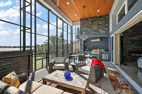 Fireplace, Interior, Living room, Recessed Lighting, Sun Room, Wooden Ceilings
