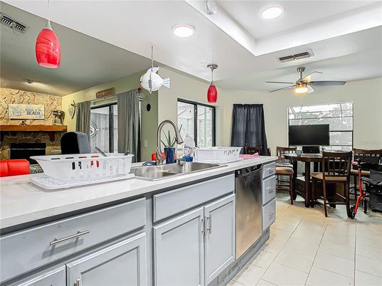 Dining room, Fireplace, Interior, Kitchen, Pendant Lights, Recessed Lighting