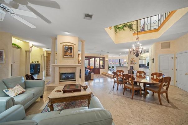 Chandelier, Dining room, Fireplace, Interior, Living room, Recessed Lighting