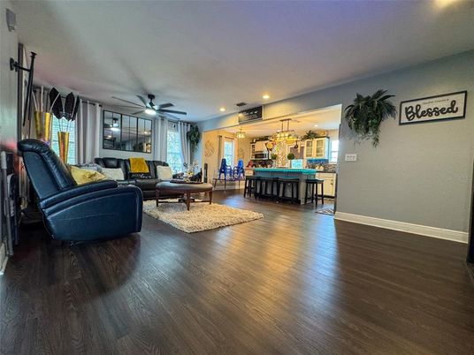 Interior, Kitchen, Living room, Recessed Lighting, Wood Texture Flooring